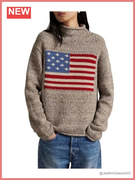 Sweaters - Womens Vintage American Flag Sweater Long Sleeve Turtleneck Knitted Pullover